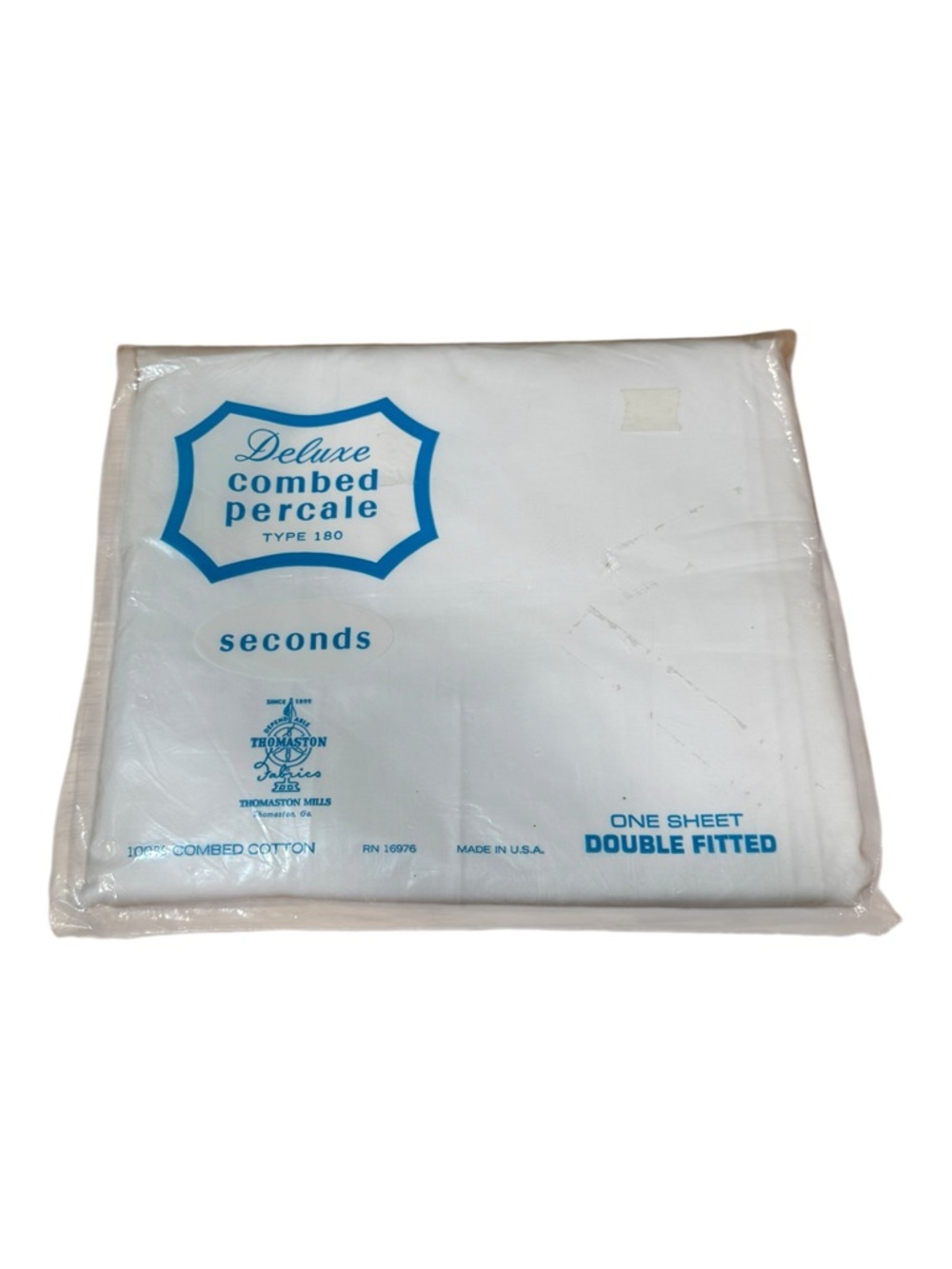 Vintage Thomaston Mills Percale Fitted Sheet Double White NOS USA Cotton Seconds
